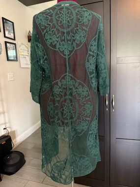 Eyeshadow Emerald Green Sheer Lace Long Cardigan medium/large